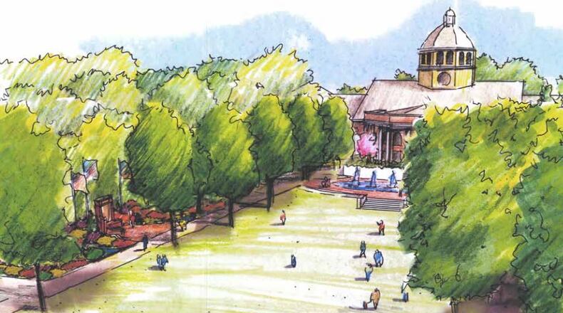 A plan to develop the area around Roswell City hall will require cutting down and planting trees as well as moving two veterans' memorials.