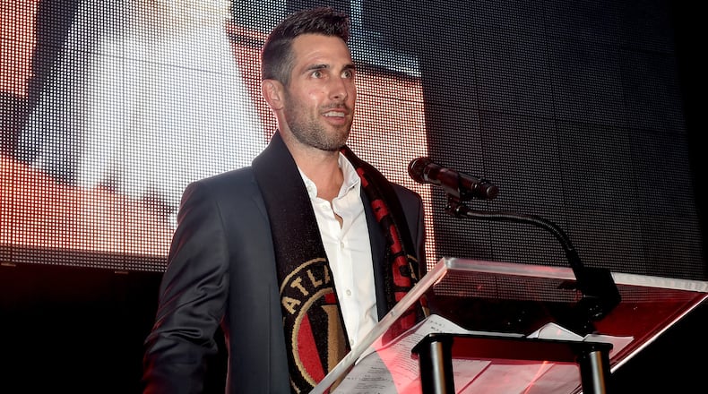 ATLANTA, GA - JULY 07:  Carlos Bocanegra speaks onstage during the MLS Atlanta Launch Event at SOHO on July 7, 2015 in Atlanta, Georgia.  (Photo by Paras Griffin/Getty Images for MLS Atlanta)
