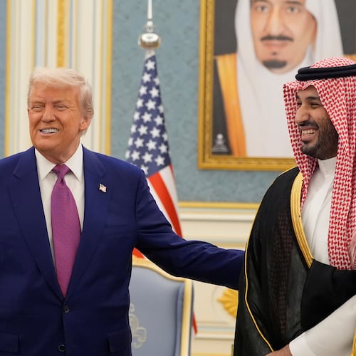 FILE - President Donald Trump and Saudi Crown Prince Mohammed bin Salman gesture as they meet delegations at the Royal Palace in Riyadh, Saudi Arabia, May 13, 2025. (AP Photo/Alex Brandon, File)