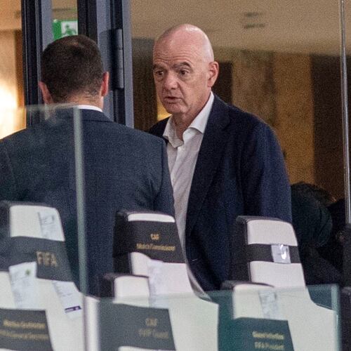 FIFA president Gianni Infantino attends a Women's AFCON 2026 soccer match between Malawi and Zambia, in Rabat, Morocco, Wednesday, Aug. 5, 2026. (AP Photo)