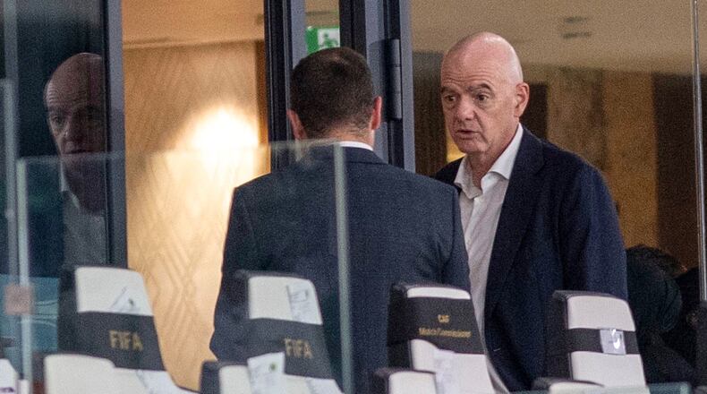 FIFA president Gianni Infantino attends a Women's AFCON 2026 soccer match between Malawi and Zambia, in Rabat, Morocco, Wednesday, Aug. 5, 2026. (AP Photo)
