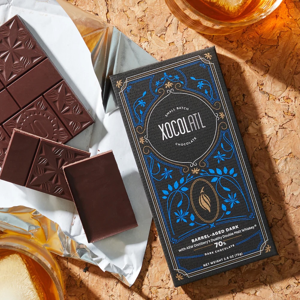Xocolatl’s Barrel-Aged Dark Whiskey Bar is a collaboration between Atlanta distillery ASW and Xocolatl Chocolate. (Courtesy of Bailey Garrot)
