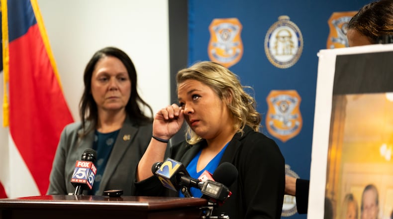 Kailyn Kaiser, granddaughter of Maryanne Humphrey, speaks at a GBI news conference Tuesday.
