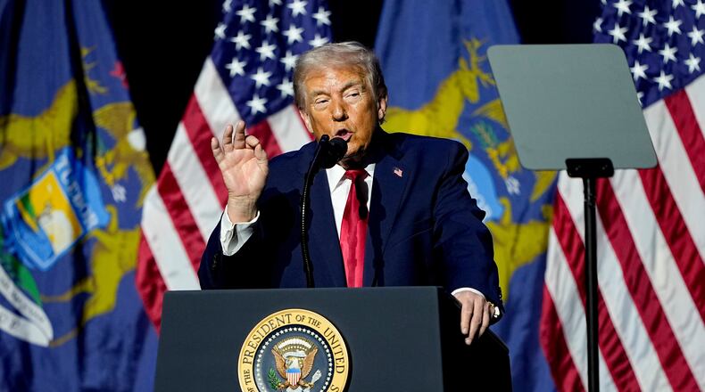 President Donald Trump speaks at the Detroit Economic Club Tuesday, Jan. 13, 2026 in Detroit. (AP Photo/Ryan Sun)