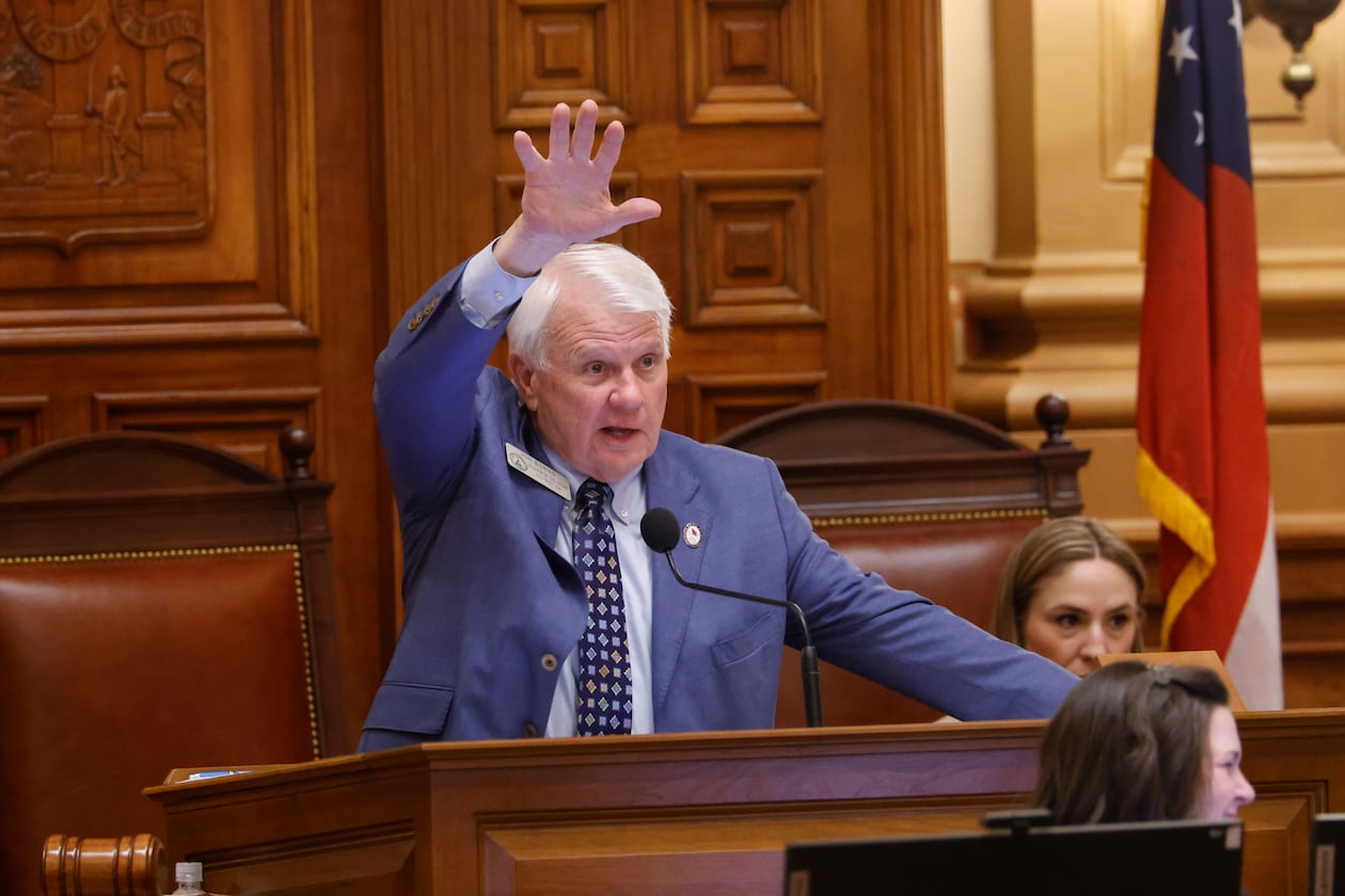 House Speaker Jon Burns, R-Newington, gestures before discussion of a rules committee substitute version of House Bill 1116, a property tax bill, in the House of Representatives at the Capitol in Atlanta on Crossover Day, Friday, March 6, 2026. (Arvin Temkar/AJC)