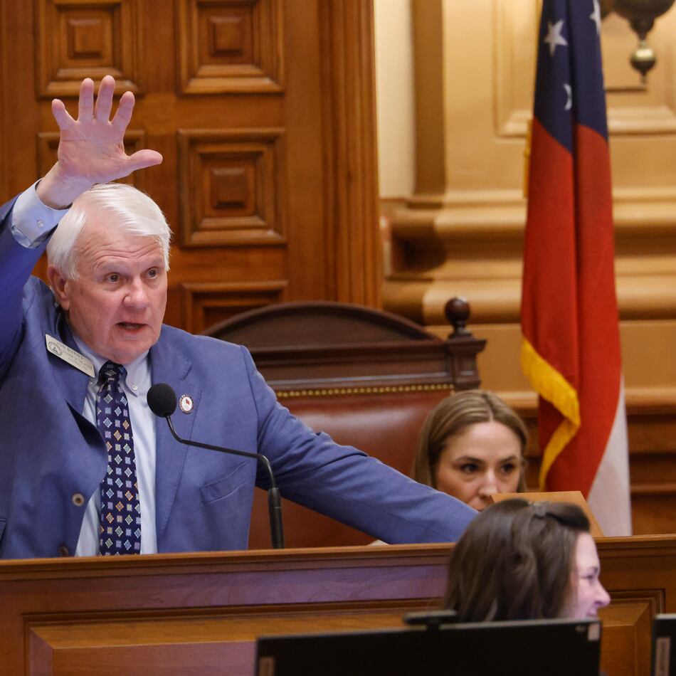 House Speaker Jon Burns, R-Newington, gestures before discussion of a rules committee substitute version of House Bill 1116, a property tax bill, in the House of Representatives at the Capitol in Atlanta on Crossover Day, Friday, March 6, 2026. (Arvin Temkar/AJC)
