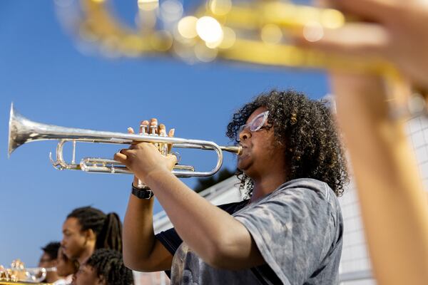 Clark Atlanta University marching band trumpet player Jayda Jackson practices at Panther Stadium at Clark Atlanta University in Atlanta on Thursday, October 10, 2024. (Arvin Temkar / AJC)