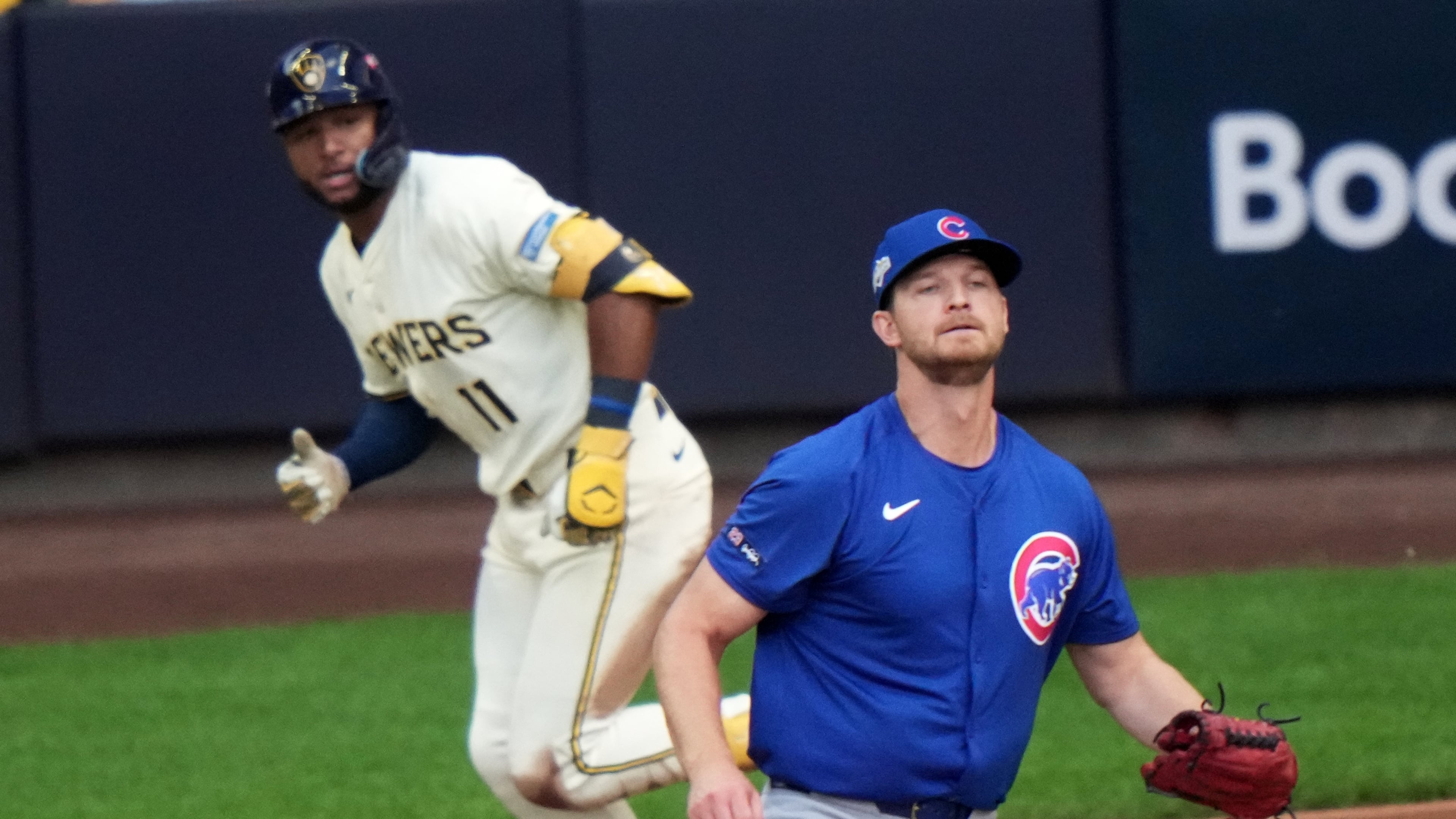 Chicago Cubs pitcher Matthew Boyd watches as Milwaukee Brewers' Jackson Chourio hits a two-run scoring single during the first inning of Game 1 of baseball's National League Division Series Saturday, Oct. 4, 2025, in Milwaukee. (AP Photo/Morry Gash)