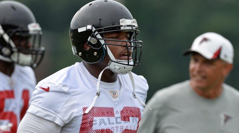 Here's former Falcons linebacker Akeem Dent during his last practice with the team on Wednesday. (Kent D. Johnson/KJohnson@ajc.com)