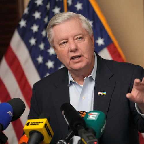 FILE - U.S. Sen. Lindsey Graham, R-S.C., gestures as he speaks to the media in Kyiv, Ukraine, March 18, 2024. (AP Photo/Vadim Ghirda, File)
