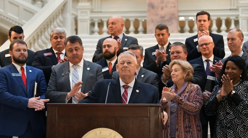 February 1, 2022 Atlanta - House Speaker David Ralston winks as he speaks during a press conference to announce plans to spend millions of dollars on expanding internet throughout Georgia, especially in rural areas that lack access at the State Capitol in Atlanta on Tuesday, February 1, 2022. (Hyosub Shin / Hyosub.Shin@ajc.com)