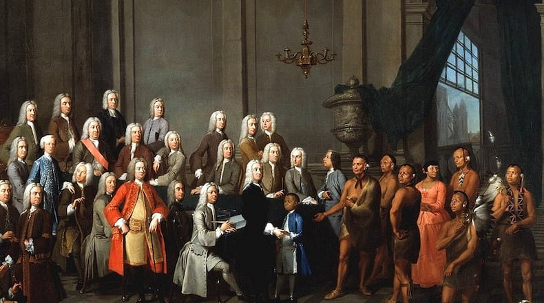 In London in 1734 - a year after James Oglethorpe landed in Savannah with the first English  colonists to start the Georgia colony, William Verelst painted Chief Tomochichi and a delegation of Yamacraw or Creek Native Americans with Oglethorpe and the Georgia Trustees. Oglethorpe is standing in the center, receiving an Indian boy by hand. (Courtesy of Wikipedia/public domain)