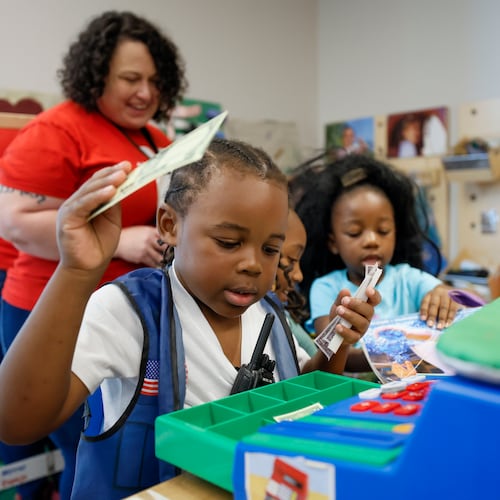 Children in the Head Start program engage in indoor activities with lead teacher Genesis Lavanway at the Arthur M. Blank Early Learning Center, where providers, parents and advocates celebrated the 60th birthday of the federal Head Start program on Monday, May 19, 2025. (Miguel Martinez/ AJC)