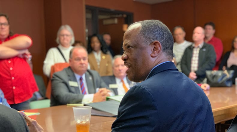 State Rep. David Wilkerson (D-Powder Springs) speaks with fellow Cobb lawmakers and Mableton residents to discuss options for de-annexing some areas out of the city on Monday, February 6, 2023, in Atlanta. (Taylor Croft / taylor.croft@ajc.com)