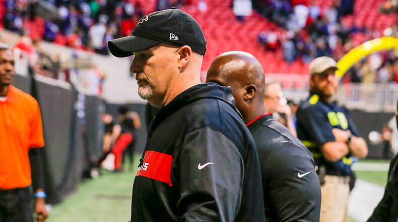 Atlanta Falcons head coach Dan Quinn leaves the field following a loss to the Baltimore Ravens at Mercedes-Benz Stadium in Atlanta, Sunday, December 2, 2018.  The Baltimore Ravens beat the Atlanta Falcons, 26-16. (ALYSSA POINTER/ALYSSA.POINTER@AJC.COM)