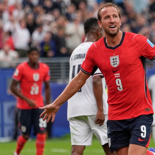 England's Harry Kane (9) celebrates after scoring their second goal during the World Cup Group L soccer match between Panama and England in East Rutherford, N.J., near New York, Saturday, June 27, 2026. (AP Photo/Steve Luciano)