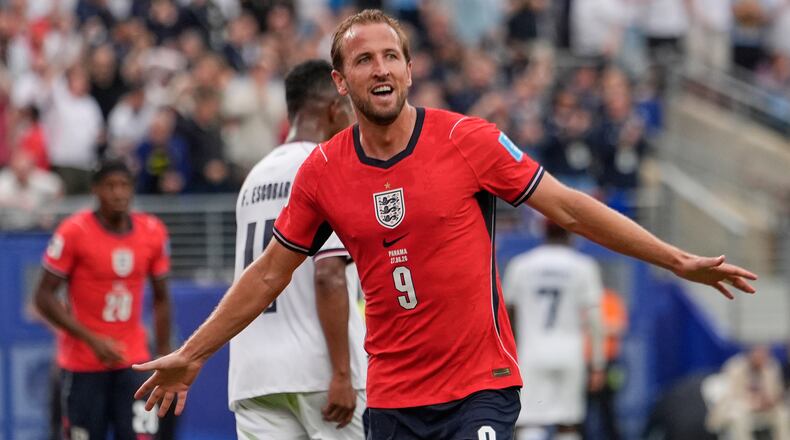 England's Harry Kane (9) celebrates after scoring their second goal during the World Cup Group L soccer match between Panama and England in East Rutherford, N.J., near New York, Saturday, June 27, 2026. (AP Photo/Steve Luciano)