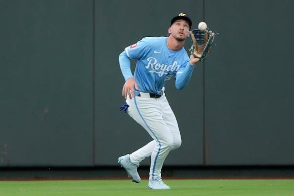 Kansas City Royals center fielder Drew Waters catches a fly ball for the out on Los Angeles Dodgers' Shohei Ohtani during the second inning of a baseball game Sunday, June 29, 2025, in Kansas City, Mo. (AP Photo/Charlie Riedel)