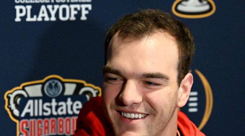 Georgia quarterback Gunner Stockton takes questions during Georgia media day for Sugar Bowl, Monday, December 30, 2024, in New Orleans, LA. (Hyosub Shin / AJC)