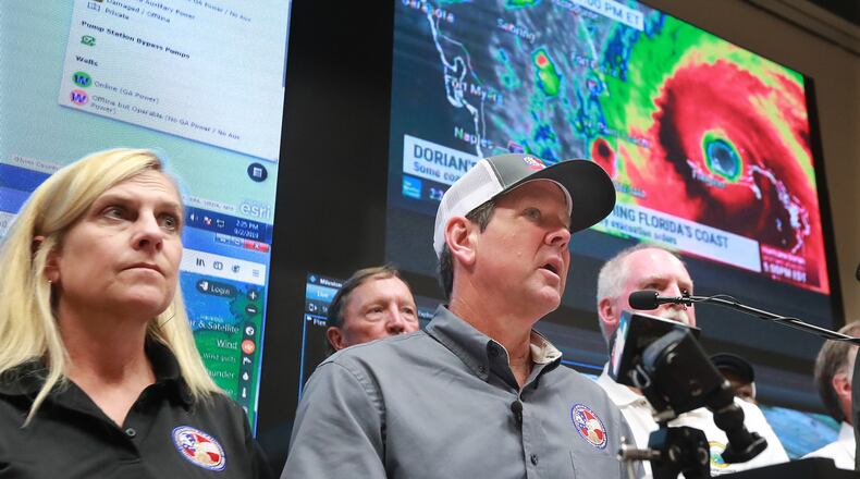 Gov. Brian Kemp, with first lady Marty Kemp and other officials, holds a Hurricane Dorian briefing at the Glynn County Public Safety Complex in Brunswick after ordering six counties to evacuate on Monday, Sept. 2, 2019. (Photo: Curtis Compton/ccompton@ajc.com)