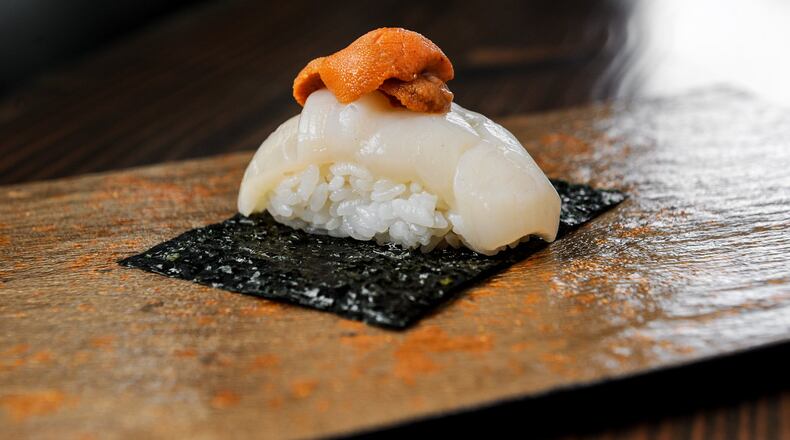 Uni Hotate - sea urchin, scallop, Maruyama Nori - at Brush Sushi Izakaya. (BECKY STEIN PHOTOGRAPHY) (BECKY STEIN PHOTOGRAPHY)