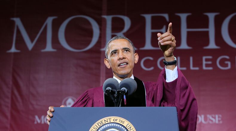 PRESIDENT OBAMA ADDRESSES MOREHOUSE MEN--051913 ATLANTA: President Barack Obama delivers the commencement speech at Morehouse College on Sunday, May 19, 2013, in Atlanta. CURTIS COMPTON / CCOMPTON@AJC.COM
