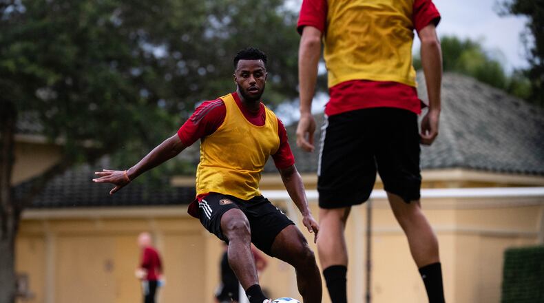 Atlanta United midfielder Mo Adams #29 works with the ball at training during the MLS is Back Tournament at ESPN Wide World of Sports Complex Sunday July 5, 2020, in Orlando, Fla. The MLS is Back Tournament kicks off July 8 and is the resumption of Major League Soccer’s 25th season after a three-month postponement during the Covid-19 pandemic. (Jacob Gonzalez/Atlanta United)