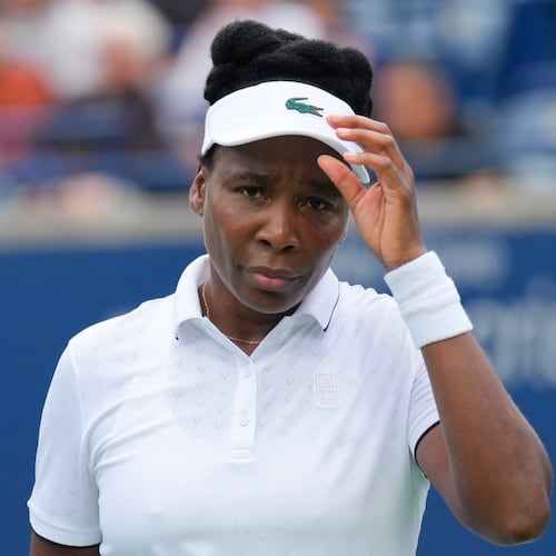 Venus Williams reacts during her straight sets defeat by Kamilla Rakhimova during the National Bank Open tennis tournament in Toronto, Sunday, Aug. 2, 2026. (Chris Young/The Canadian Press via AP)