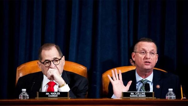 House Judiciary Committee ranking member Rep. Doug Collins, R-Ga., speaks as House Judiciary Committee Chairman Rep. Jerrold Nadler, D-N.Y., listens as the House Judiciary Committee hears investigative findings in the impeachment inquiry of President Donald Trump, Monday, Dec. 9, 2019, on Capitol Hill in Washington.