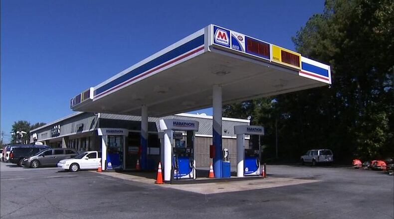 While the driver was fueling up a vehicle at this Beaver Ruin Road Marathon gas station on Tues., Oct. 6, 2015, a 14-year-old girl was shot from inside the vehicle, police said. (Credit: Channel 2 Action News)