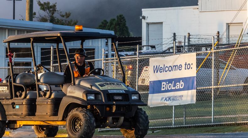A now-extinguished fire at the BioLab chemical plant in Conyers continues to cause concern among residents. (John Spink/AJC)