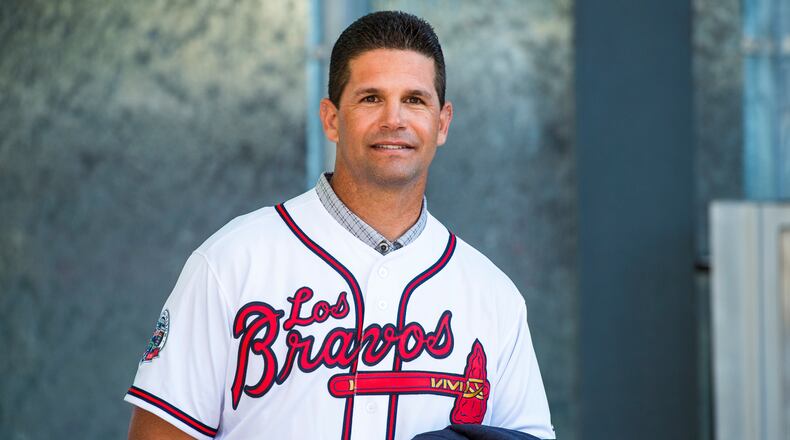 Former Braves catcher Javy Lopez helps introduce the Braves' "Los Bravos" jerseys and merchandise at SunTrust Park.