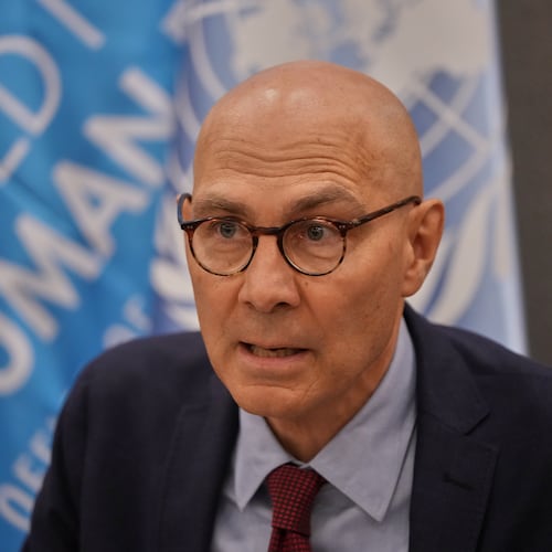 U.N. High Commissioner for Human Rights Volker Turk speaks to the media during a press conference in Beirut, Lebanon, Monday, July 27, 2026. (AP Photo/Hassan Ammar)