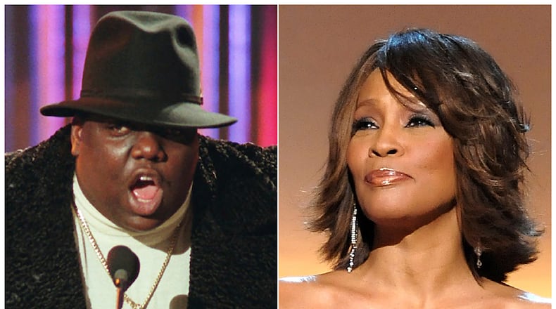 This combination photo shows Notorious B.I.G., who won rap artist and rap single of the year, during the annual Billboard Music Awards in New York on Dec. 6, 1995, left, and singer Whitney Houston at the BET Honors in Washington on Jan. 17, 2009. The pair will be inducted into the Rock and Roll Hall of Fame's 2020 class. (AP Photo)