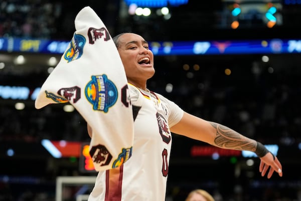 South Carolina guard Te-Hina Paopao celebrates during the Gamecocks' Final Four game against Texas earlier this month.