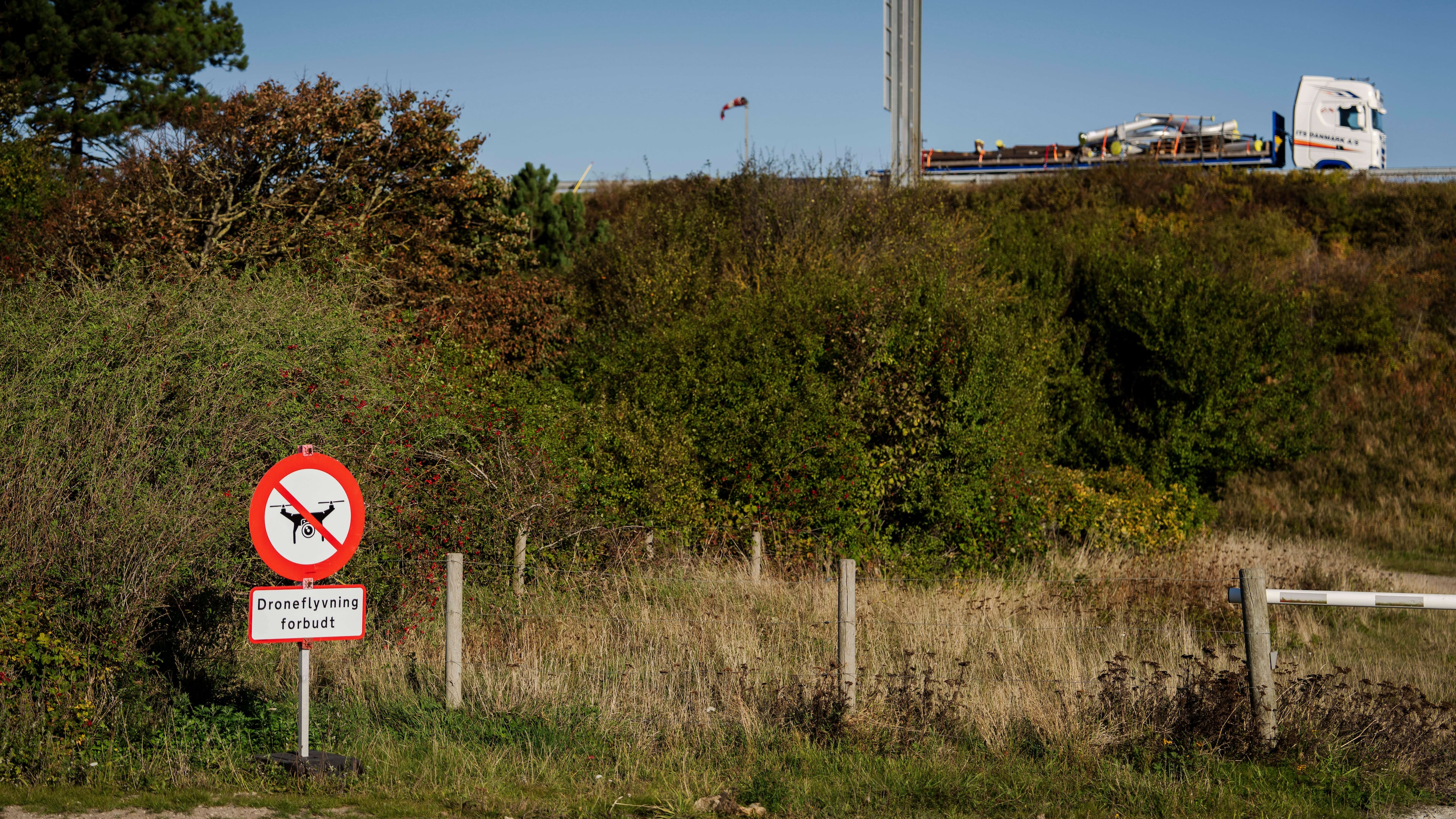 A view of a drone flying prohibited sign at Halsskov, West Zealand, Denmark, Tuesday, Sept. 30, 2025. (Mads Claus Rasmussen/Ritzau Scanpix via AP)