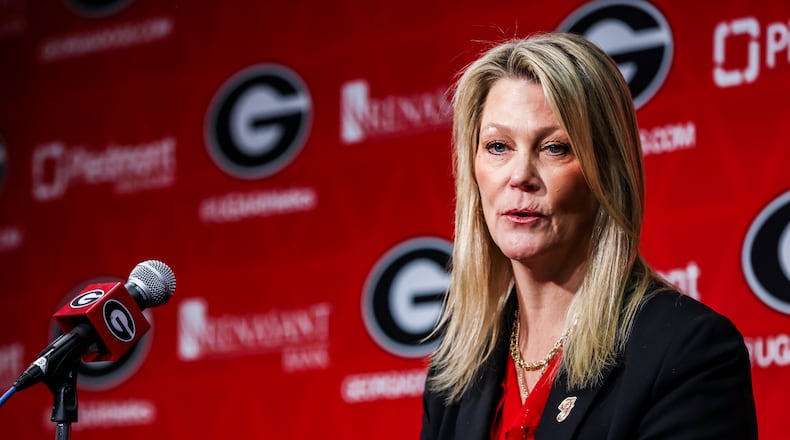 Katie Abrahamson-Henderson was introduced as the head coach for the Georgia women’s basketball program Tuesday at Stegeman Coliseum in Athens. (Photo by Tony Walsh)