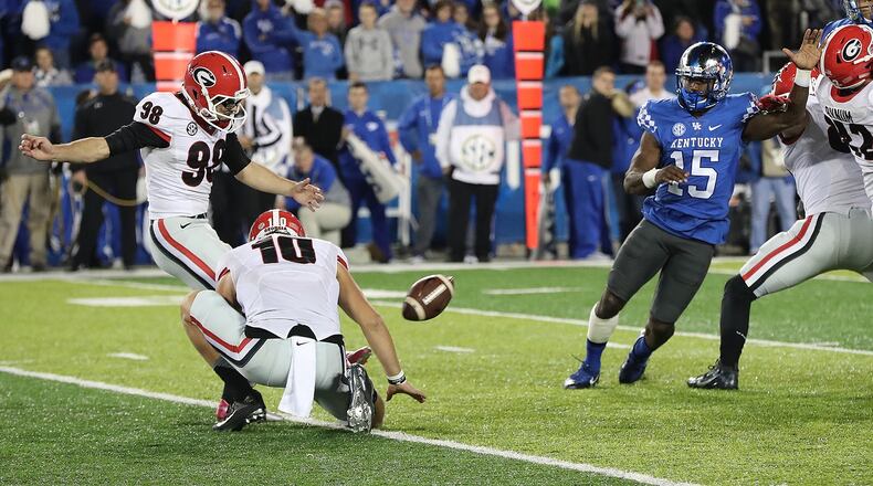 November 5, 2016, LEXINGTON: ââ¬â GAME WINNER ââ¬â Georgia redshirt freshman kicker Rodrigo Blankenship makes a field goal as time expires to beat Kentucky 27-24 in an NCAA college football game on Saturday, Nov. 5, 2016, in Lexington. Curtis Compton /ccompton@ajc.com