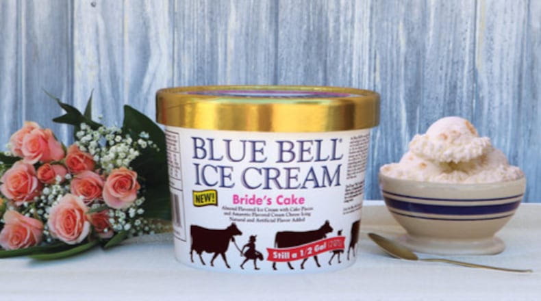 Bride's Cake ice cream flavor is an almond ice cream with amaretto cream cheese icing swirl and cake pieces. (Photo: Blue Bell)
