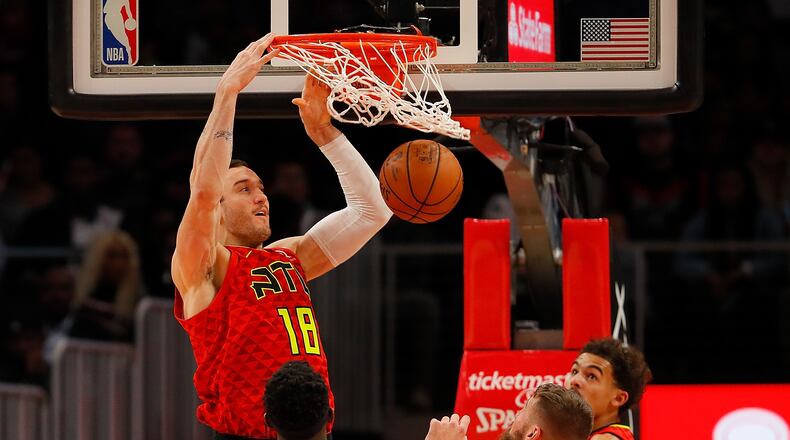 Miles Plumlee of the Atlanta Hawks dunks against the Toronto Raptors at State Farm Arena on November 21, 2018 in Atlanta, Georgia.