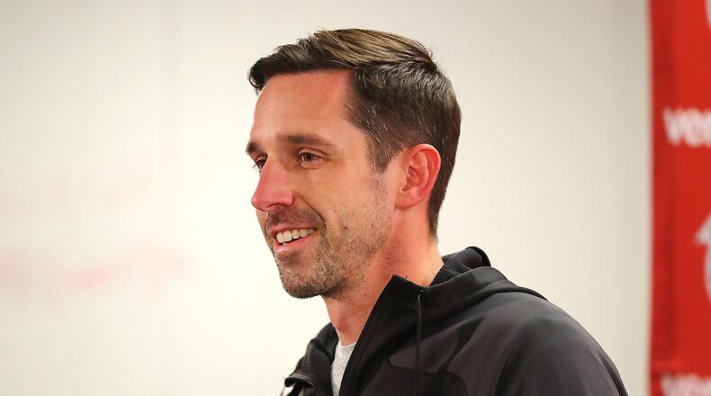 Falcons offensive coordinator Kyle Shanahan smiles while answering a question during his press conference while preparing for the NFC divisional playoff football game against the Seahawks on Wednesday, Jan. 11, 2017, in Flowery Branch. Shanahan responded to questions on his ongoing interview process for head coaching jobs. Curtis Compton/ccompton@ajc.com