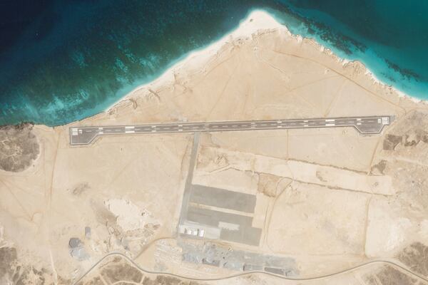 This satellite photo from Planet Labs PBC shows an airstrip on Mayun Island, also known as Perim Island, in the Bab el-Mandeb Strait off Yemen on Friday, March 28, 2025. (Planet Labs PBC via AP)