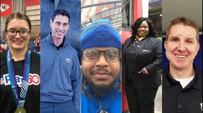 These are Thursday's five faces in a Super Bowl crowd of thousands, left to right: Morgan McNeal, Brent Miller, Cameron Fuller, Eraka Kilgore and Bobby Woods.