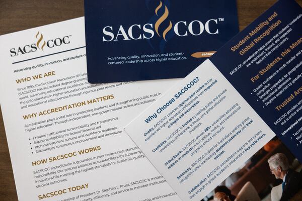 Materials for the Southern Association of Colleges and Schools are photographed at the office in Decatur on July 27, 2026. The college accreditor is changing its name to The Commission on Colleges and Universities. (Arvin Temkar/AJC)