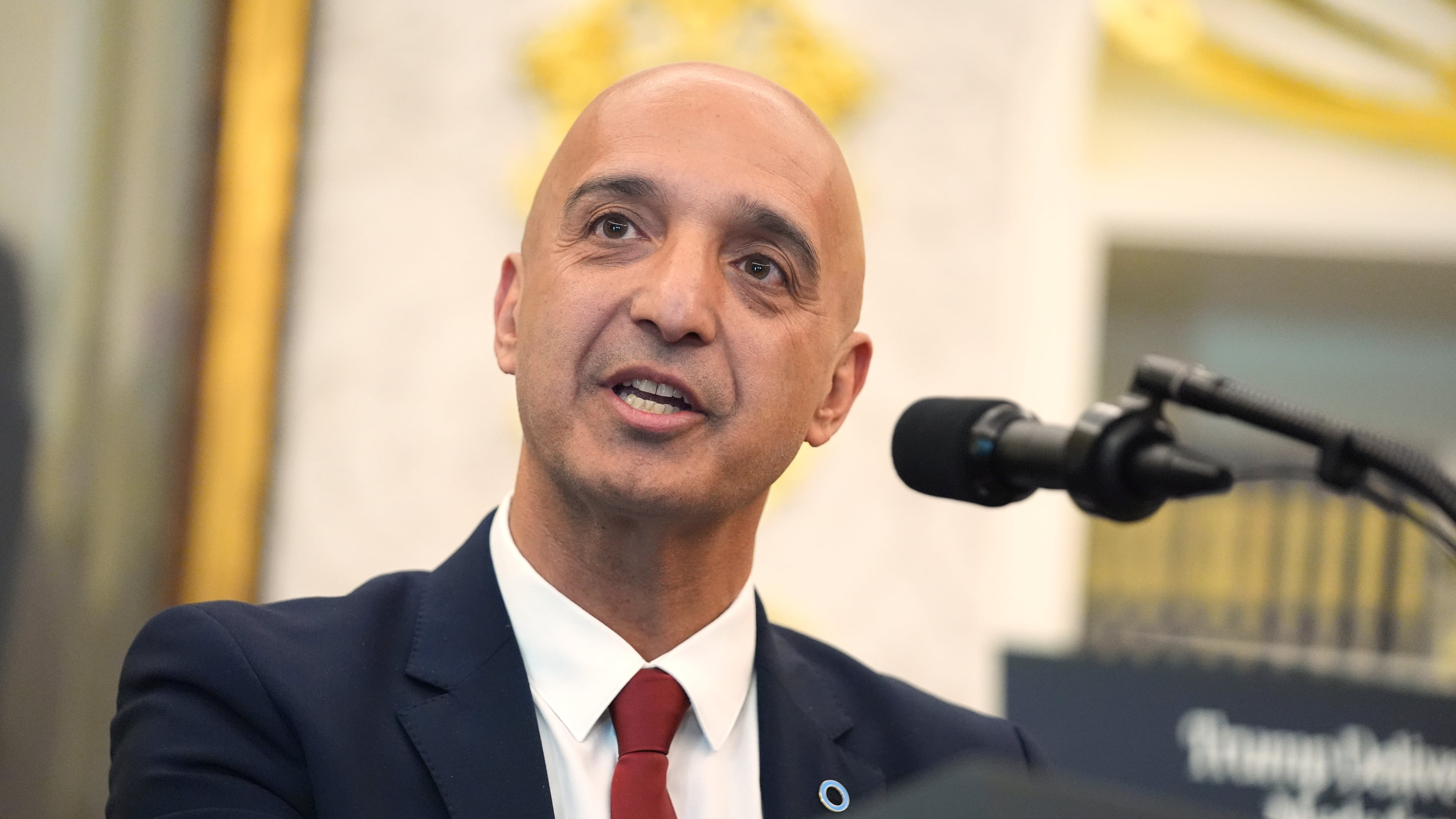 Novo Nordisk President and CEO Mike Doustdar speaks during an event about drug prices with President Donald Trump, Thursday, Nov. 6, 2025, in the Oval Office of the White House in Washington. (AP Photo/Evan Vucci)