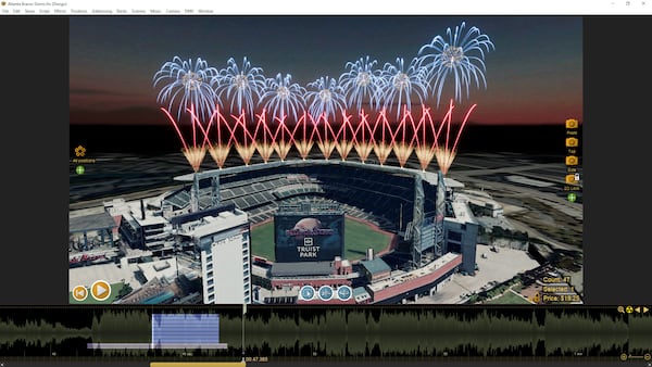 In Finale 3D, a software program for designing fireworks shows, users can import music and see the waveform of the audio in order to synchronize fireworks with the beats of a song. (Courtesy of Drew Espenshade, Finale 3D)