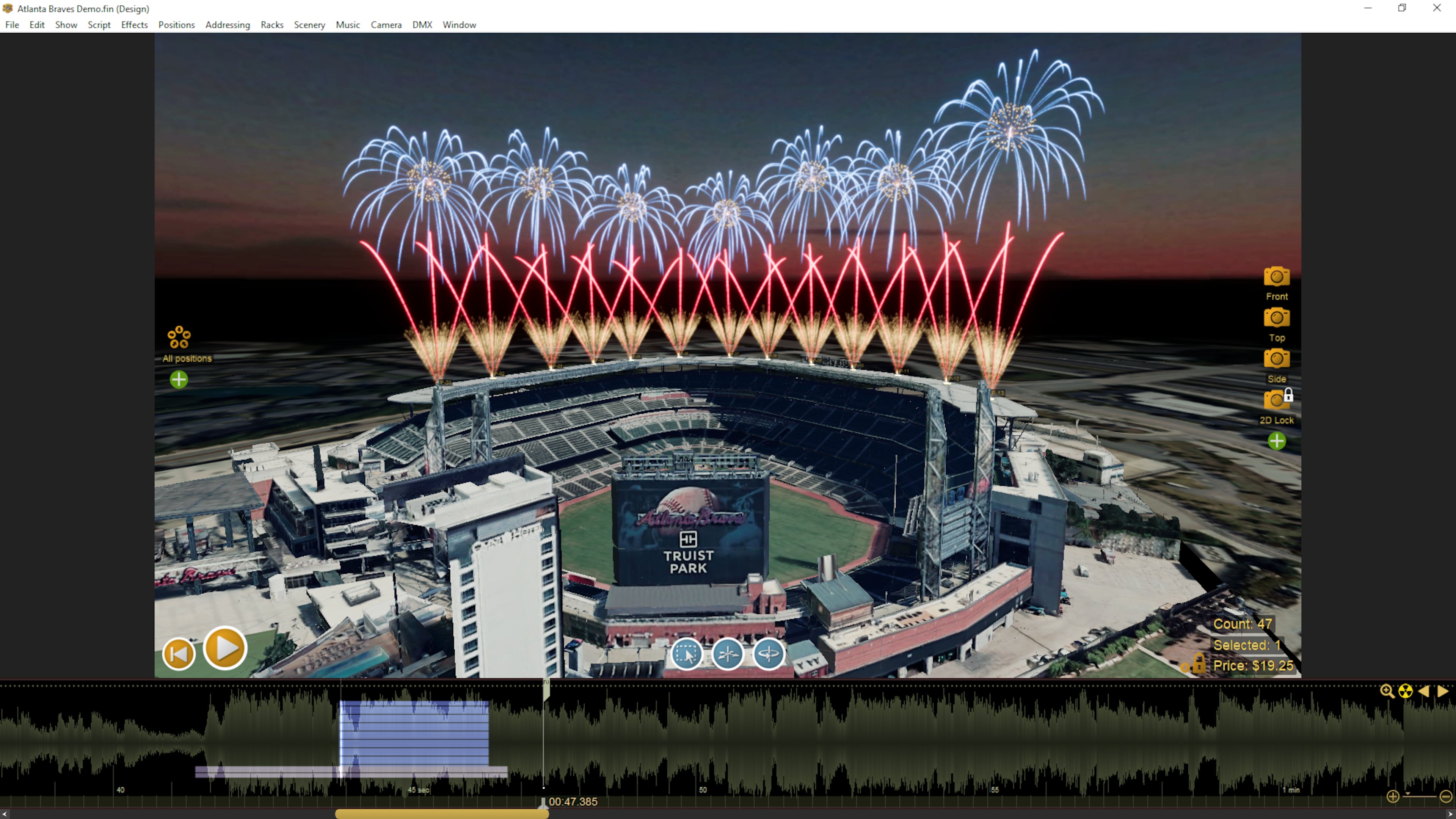 In Finale 3D, a software program for designing fireworks shows, users can import music and see the waveform of the audio in order to synchronize fireworks with the beats of a song. (Courtesy of Drew Espenshade, Finale 3D)