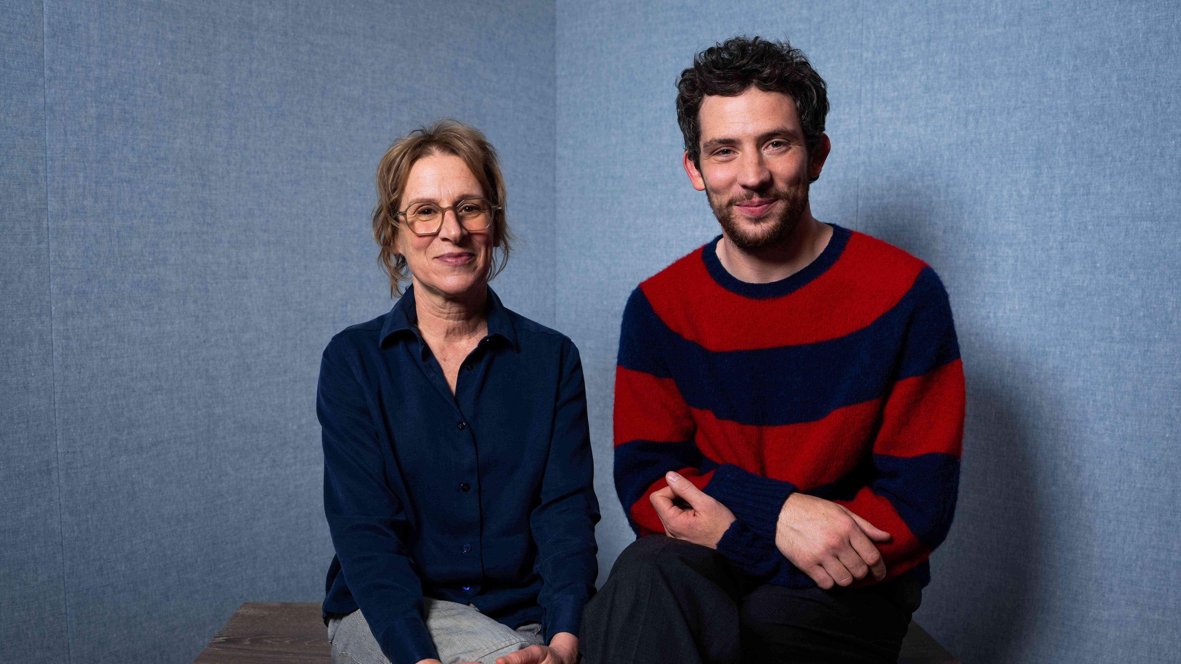 Director Kelly Reichardt, left, and Josh O'Connor pose for a portrait to promote the film "The Mastermind" in London on Monday, Oct. 13, 2025. (Photo by Scott A Garfitt/Invision/AP)