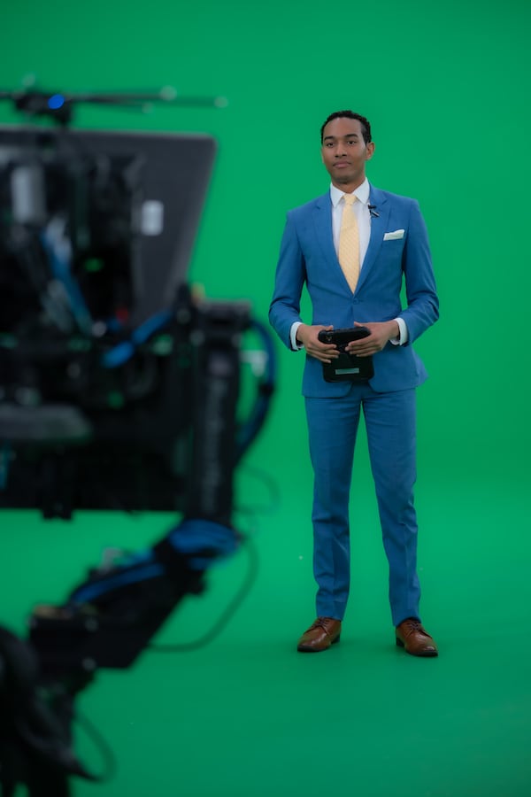 T.J. Anthony, pictured on the augmented reality set for CBS Atlanta, joined the station's news team in March. (Courtesy of CBS Atlanta)