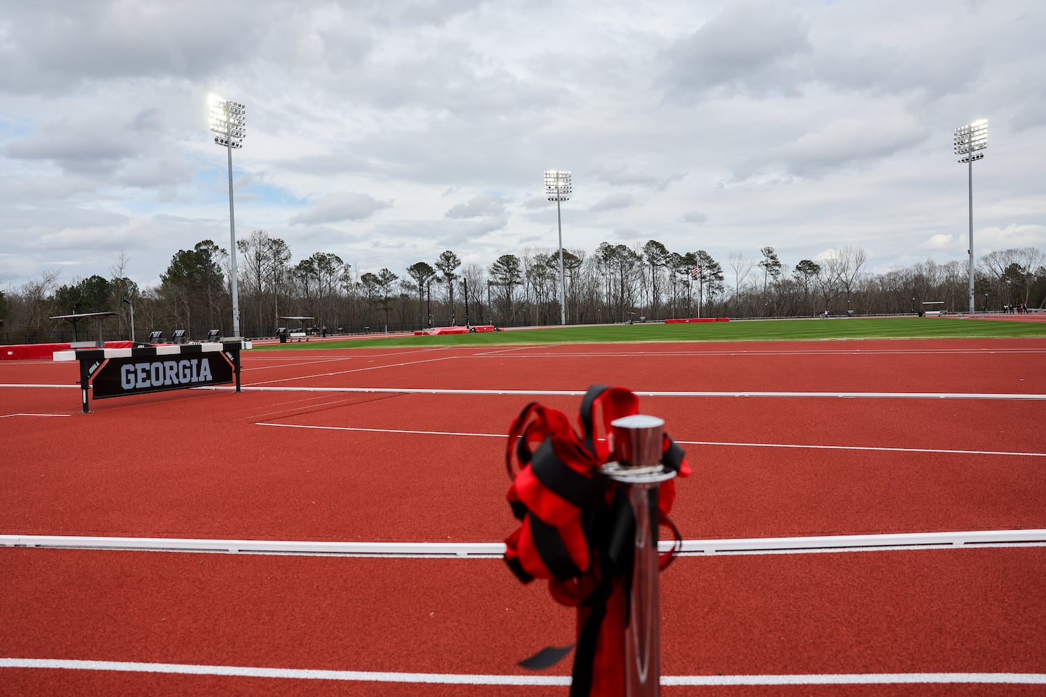 UGA-colored ribbons appear at UGA’s new Spec Towns Track facility in Athens on Wednesday, Feb. 18, 2026. (Arvin Temkar/AJC)